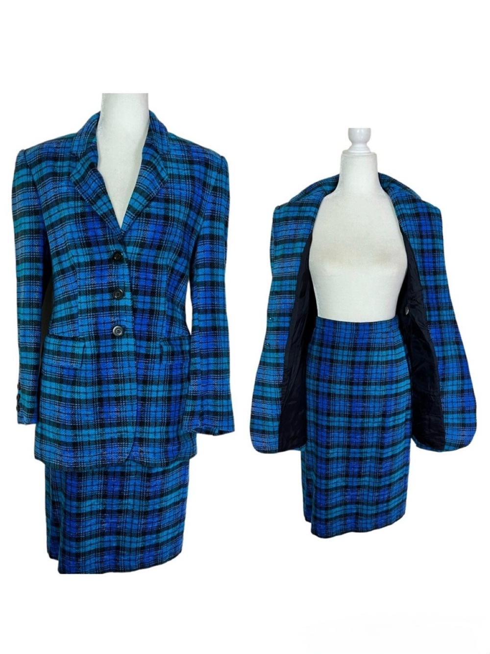 Laurel by ESCADA Plaid Blue Wool 2 Piece Skirt Suit Size 38 - Picture 16 of 16